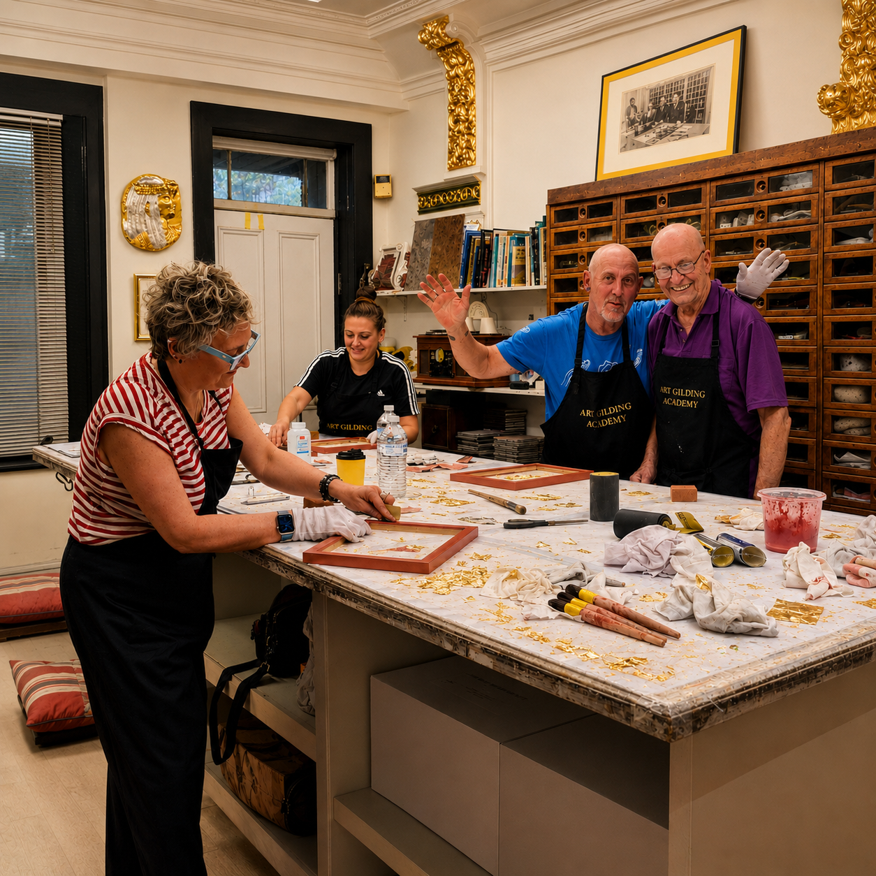 Karl, Brigitte and Master Course students gilding picture frames together at the Art Gilding Academy workshop