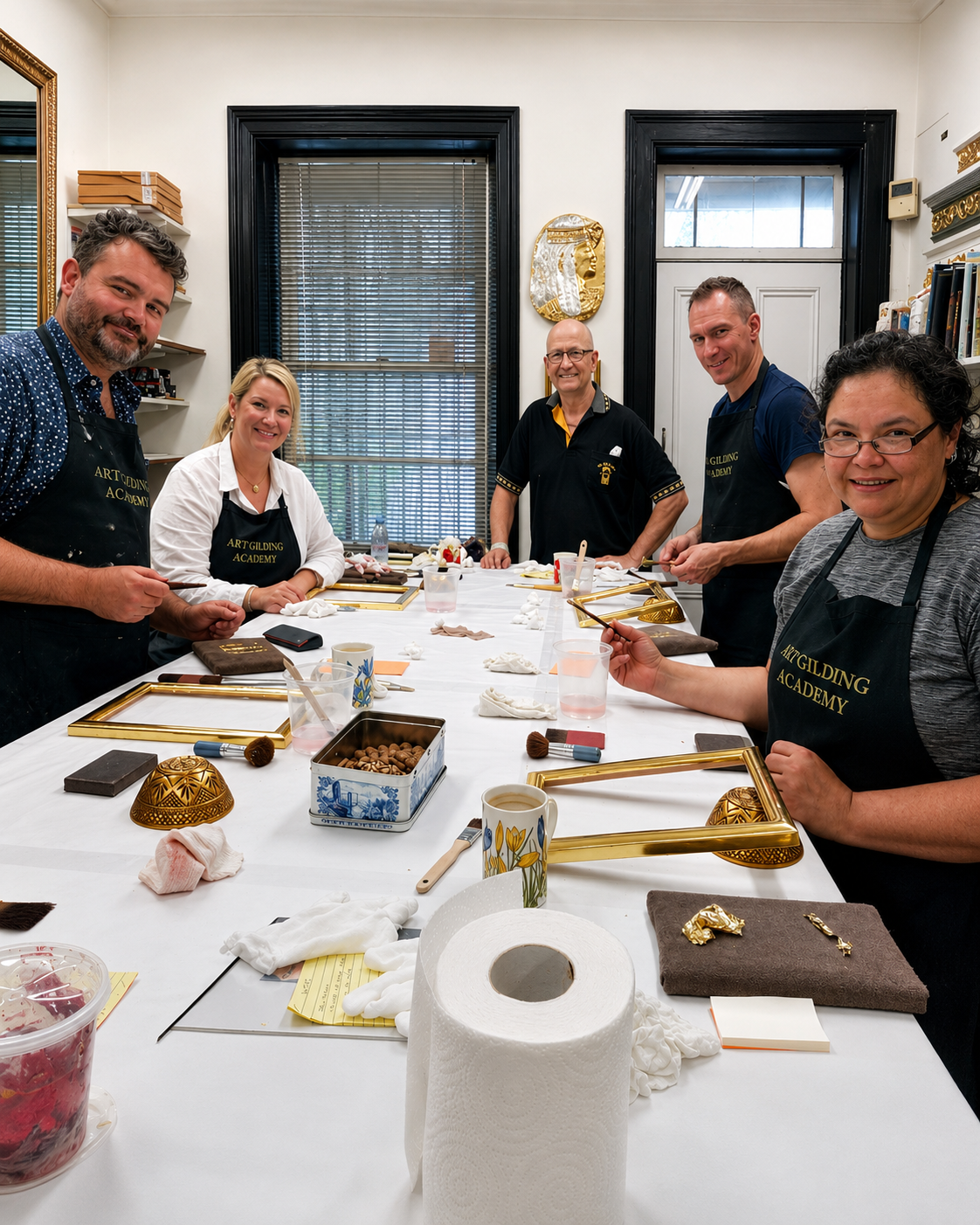 A Master Course cohort at the Art Gilding Academy bench, gilding frames together
